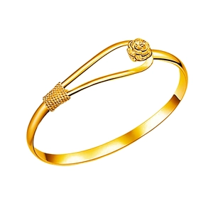 Detailed view of golden open bracelet featuring intricate rose flower and woven patterns
