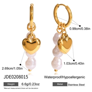 Detailed dimensions of 18K gold stainless steel heart and pearl drop earrings