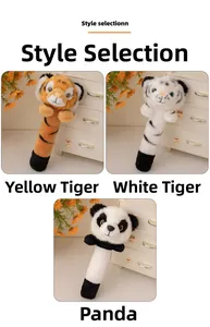 Plush baby rattle set with soft tiger and panda character heads for infant sensory play