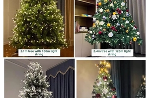 Detail of 2.1m and 2.4m Christmas trees with 100m LED string lights for warm home decor