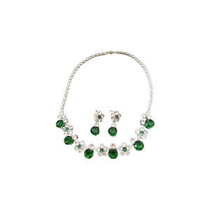 Elegant silver jewelry set featuring green flower zircon necklace and matching earrings