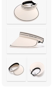 Multi-angle views of wide-brim sun visor featuring black piping and lettered strap