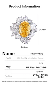 Detailed product specifications for S925 silver ring with 10x14mm yellow oval gemstone