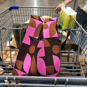 Detail of pink and brown knitted tote bag inside a metal shopping cart in a store