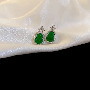 Elegant Chinese style green gourd stud earrings with zircon inlay on white silk