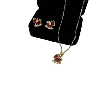 18K gold plated jewelry set with red enamel rocking horse necklace and stud earrings