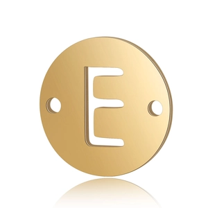 Close-up of double-hole gold stainless steel pendant with hollow letter E engraving