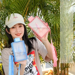 Flat rectangular plastic water bottle with lightning design and adjustable shoulder strap