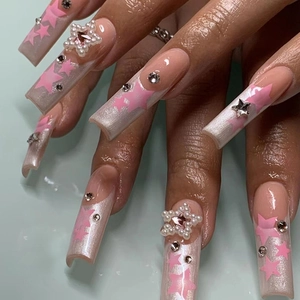 Long Ballerina Press On Nails Pink Gradient Star Pattern With 3D Artificial Pearl And Rhinestone Y2K French Style Fake Nails