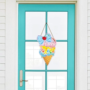 Rustic wooden ice cream summer welcome sign with Happy Summer text for door decor