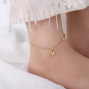 Heart Pendant Anklet Titanium Steel 18K Gold Plated Zircon French Style Dainty Foot Jewelry For Women Elegant