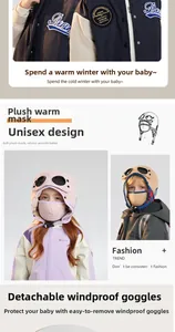 Detail of kids plush winter trapper hat with detachable goggles and integrated face mask
