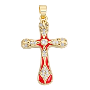 Detailaufnahme von goldenem Kreuzanhänger mit roter Emaille, Perlen und Zirkonia-Besatz