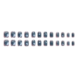 Dark blue gradient press-on nails with moon and airplane motifs, 24 pieces set