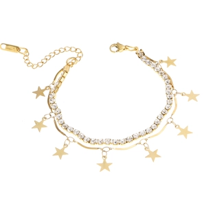 Double-layer gold stainless steel bracelet with star charms and sparkling tennis chain
