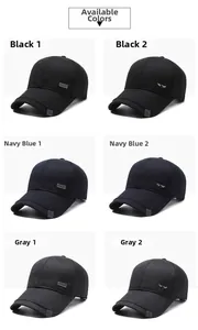 Detail view of men's baseball caps in black, navy, and grey with metallic sport emblems