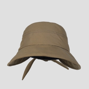 Detail of khaki wide-brim UV sun hat with back bow tie adjustment for women