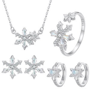 925 Sterlingsilber Schneeflocke Schmuckkollektion Zirkonia Ohrringe Und Verstellbarer Ring Und Halskette Für Damen Winter Geschenk