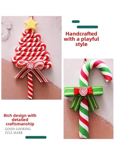Handcrafted clay Christmas tree and candy cane ornaments with festive bows on warm background