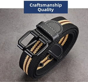 Detail of canvas striped belt featuring a matte black metal buckle and leather trimming