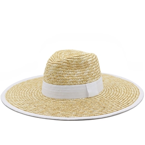 Women Wide Brim Straw Boater Hat Natural Wheat Straw Flat Top Sun Protection Beach Vacation French Vintage Elegant