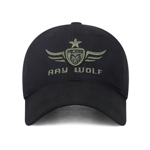 Adjustable black cotton camouflage baseball cap with green embroidered eagle shield logo