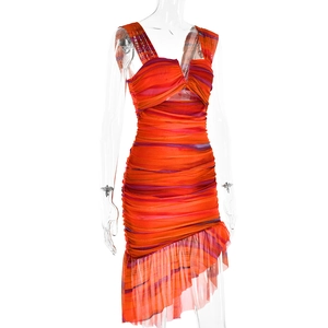 Detail of V-neck ruffled fishtail dress with orange-red and purple stripe pattern