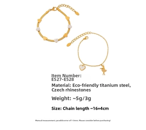 Detail view of gold titanium steel heart bracelets with crystal charms and dimensions