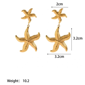 Golden 18K stainless steel earrings with double starfish drop design and size dimensions