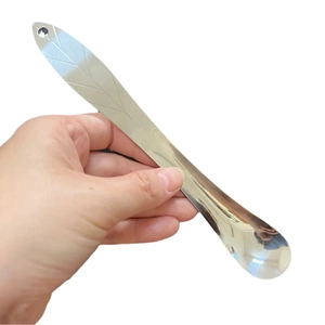 Polished stainless steel dessert spoon with leaf texture handle held against white background