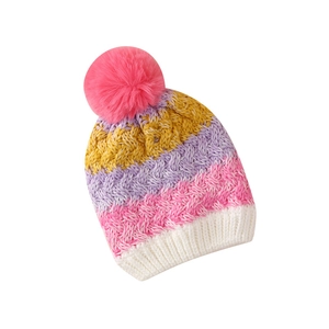 Kids winter knitted beanie with color-block stripes and a faux fur pompom for toddlers