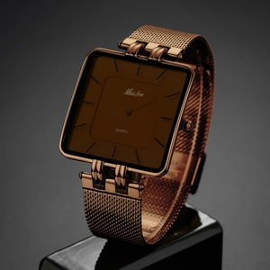 Classic rose gold square quartz watch with stainless steel mesh band for men and women