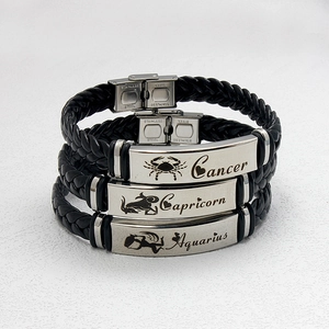 Sternzeichen Geflochtenes Lederarmband Edelstahl Graviert Konstellation Schmuck Für Männer Und Paare