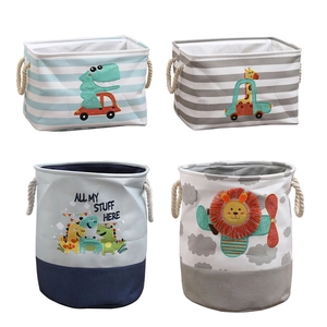 Cartoon animal canvas laundry baskets with rope handles in round and square shapes