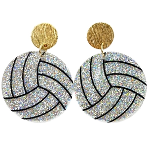 Detailed view of volleyball drop earrings with silver glitter finish and gold studs