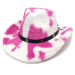 Pink and white cow print plush cowboy hat with decorative studded black faux leather band