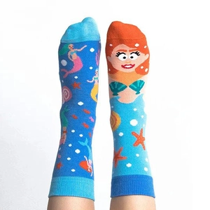 Detail showing asymmetrical cartoon mermaid design on cotton mid-calf novelty sports socks
