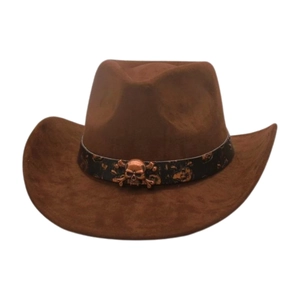 Detail of vintage brown suede cowboy hat featuring a bronze skull and crossbones buckle