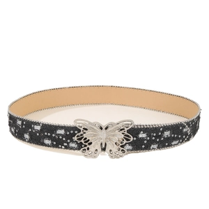 Black canvas belt with silver butterfly buckle featuring sequins and stud detailing