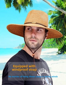 Détail d'un chapeau de soleil en paille pour hommes avec ruban cuir et cordon de serrage
