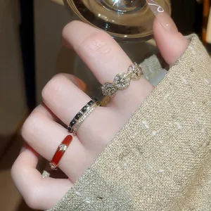 Vintage Copper Adjustable Ring 14k Gold Plated Zircon Geometric Enamel Open Band Jewelry For Women