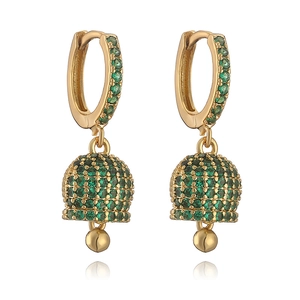 Detail view of gold hoop earrings with green micro-pave bell charms and metallic beads