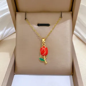 Red Tulip Flower Pendant Necklace Stainless Steel Chain Copper Enamel Rose Bud Minimalist Elegant Jewelry For Women