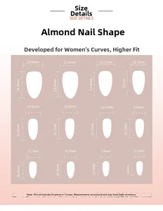 Tableau des tailles pour 24 faux ongles amande français avec 12 dimensions précises