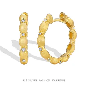 Hoop Earrings 925 Sterling Silver Zircon Inlay Matte Brushed Gold Plated French Vintage Elegant Jewelry For Women