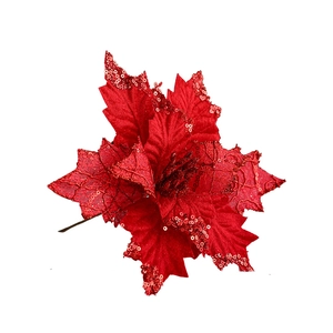 Red artificial Christmas poinsettia flower with glitter edges and long stem on white background