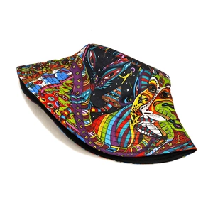 Colorful bucket hat with psychedelic mushroom face patterns and artistic abstract prints