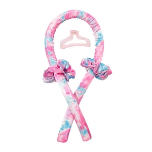 Pink and blue tie-dye heatless hair curler set with silk scrunchies and a styling clip