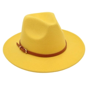 Detail of bright yellow wool fedora hat featuring a brown leather band and gold buckle