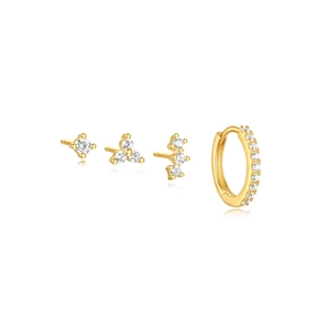 Detailed view of four-piece gold S925 silver earring set with white zircon stones